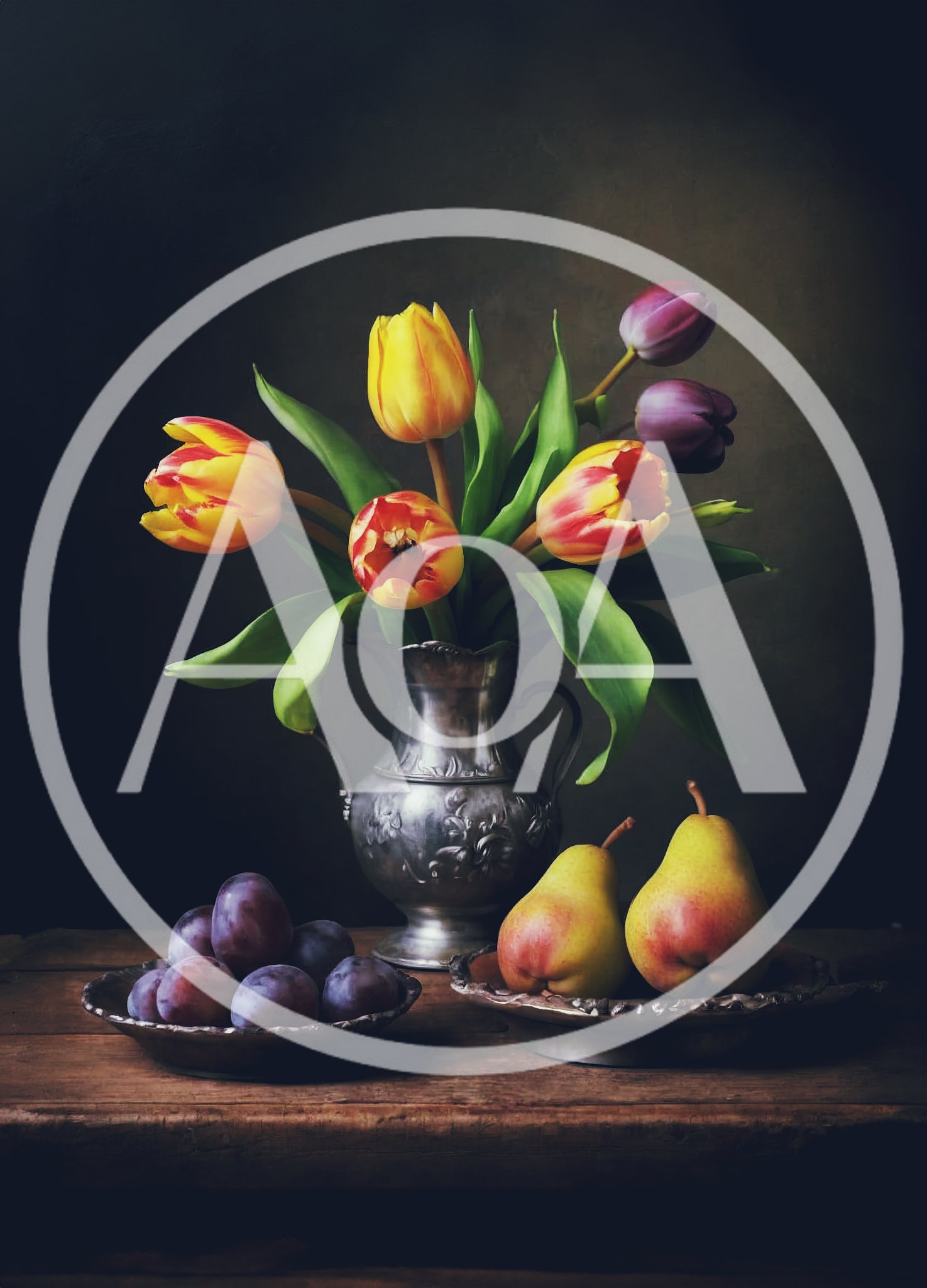 Still Life With Tulips Plums And Pears