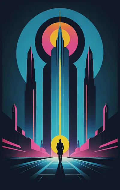 Futuristic Cityscape With Silhouette Of A Lone Traveler
