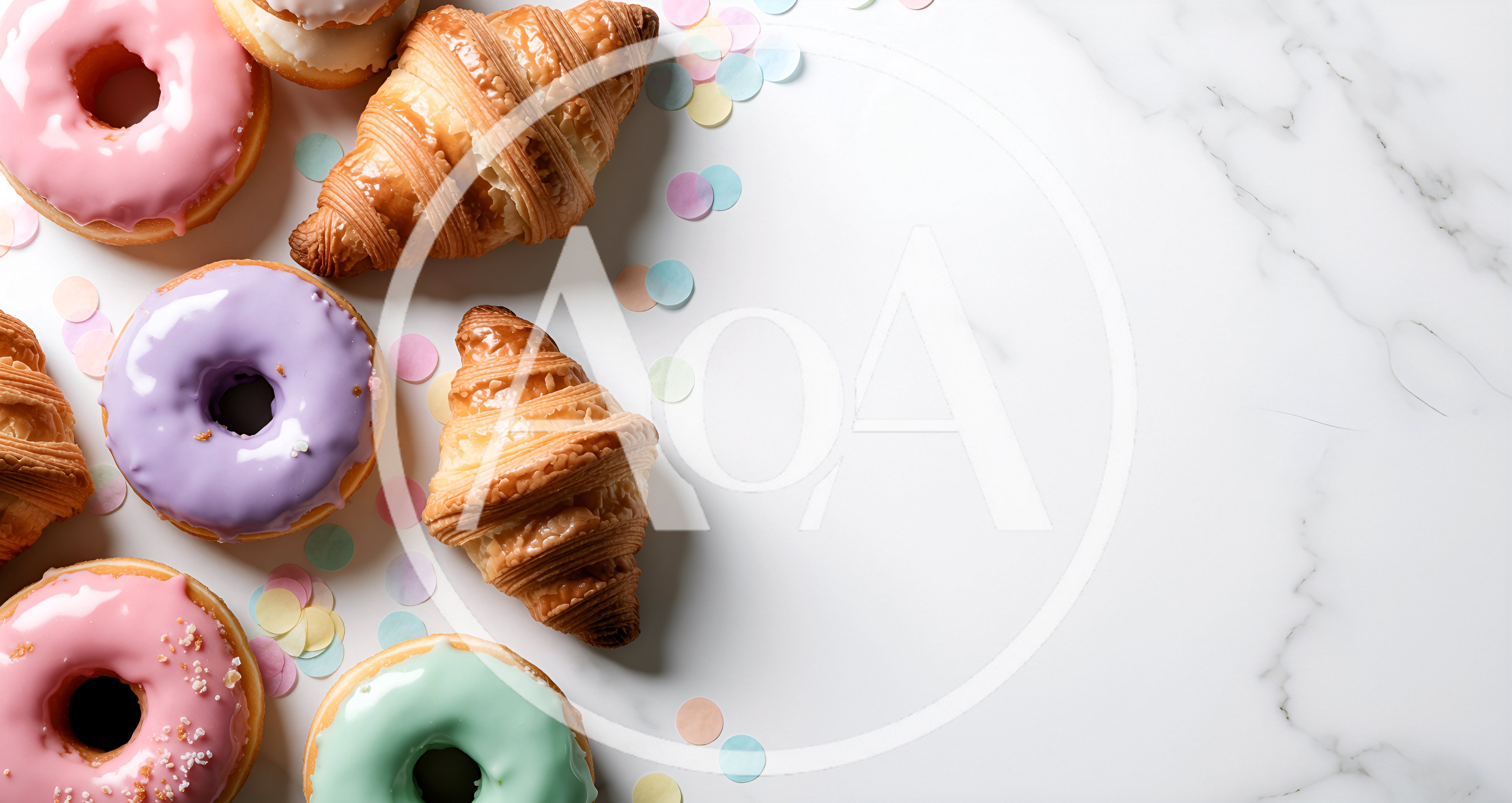 Assorted Glazed Donuts and Croissants on Marble Surface