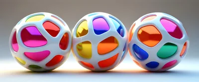 Three Abstract Spheres With Colorful Geometric Cutouts