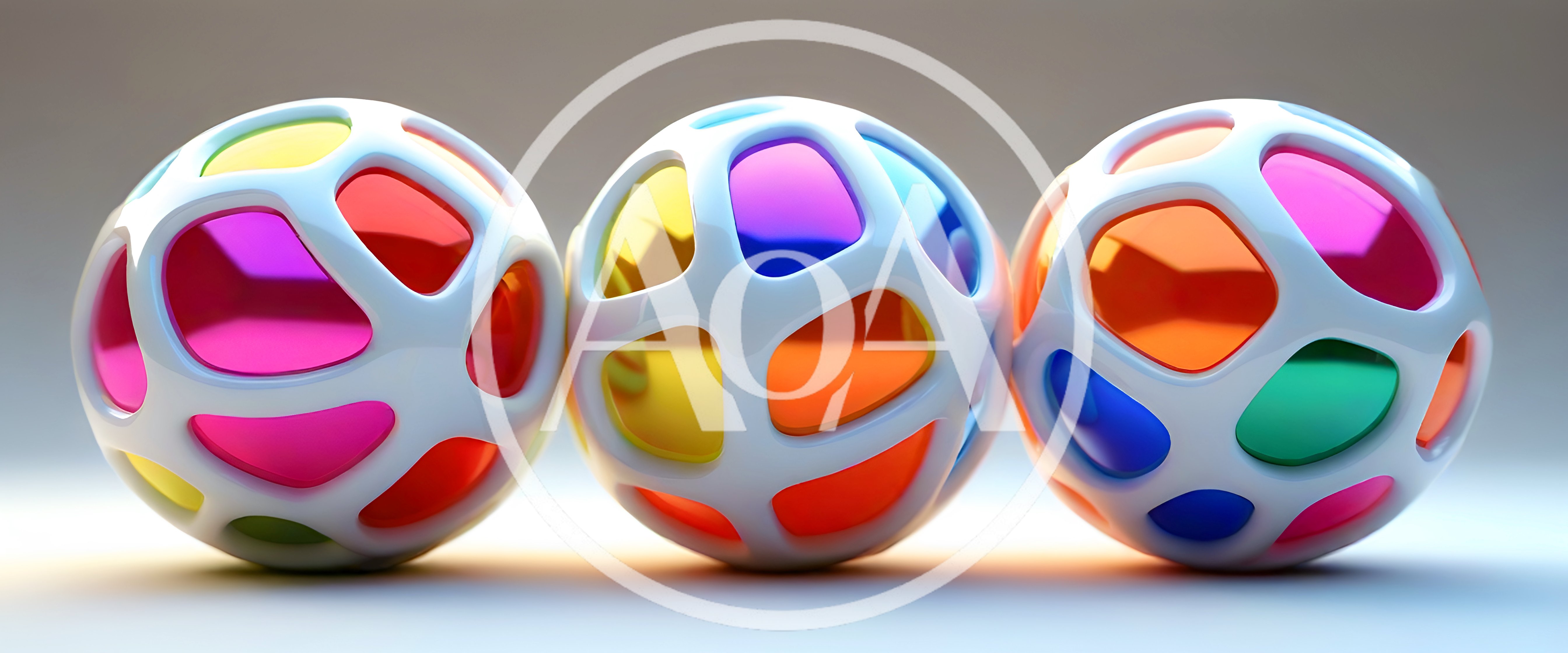 Three Abstract Spheres With Colorful Geometric Cutouts