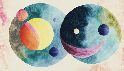 Abstract Watercolor Painting Of Celestial Planets And Orbs