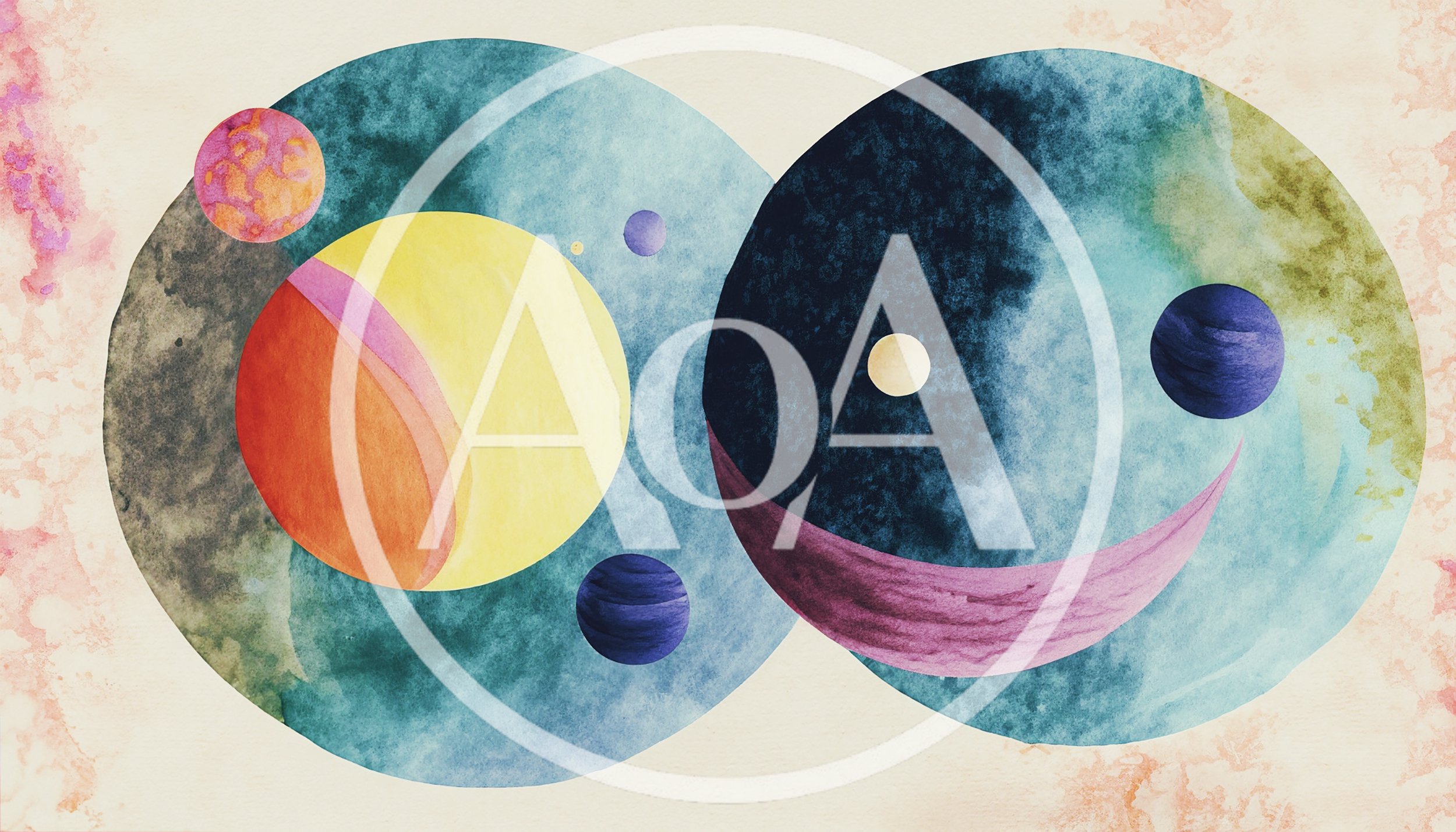 Abstract Watercolor Painting Of Celestial Planets And Orbs