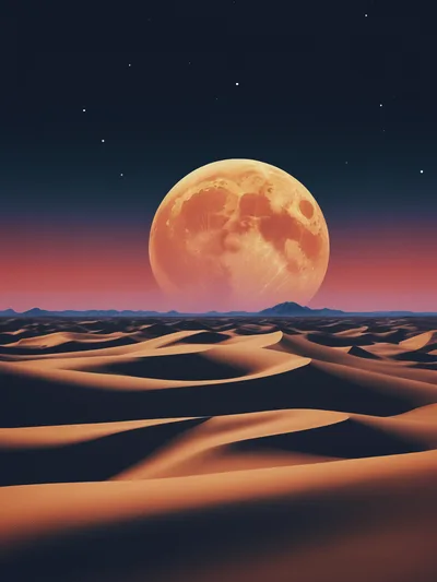 Surreal Desert Landscape With A Giant Orange Moon