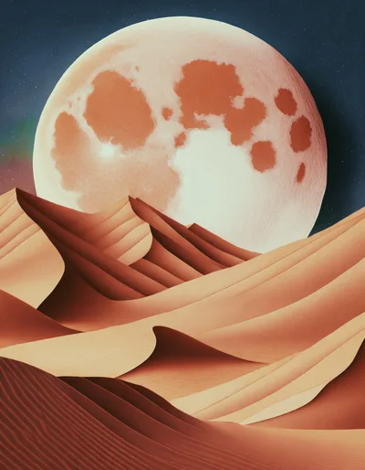 Surreal Desert Landscape With A Large Glowing Moon
