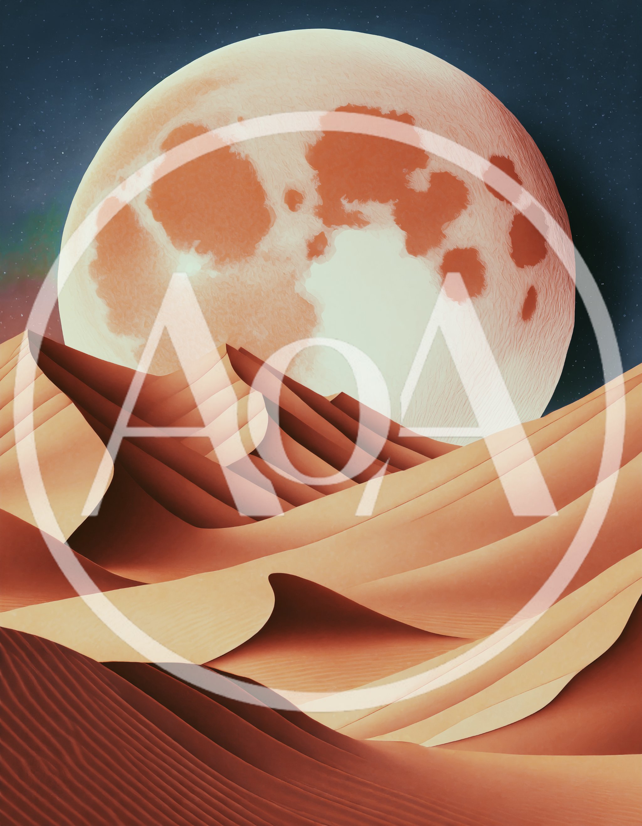 Surreal Desert Landscape With A Large Glowing Moon
