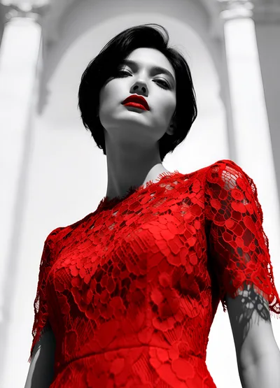 Elegant Woman In Red Lace Dress Posing Outdoors