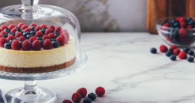 Cheesecake Topped With Fresh Raspberries And Blueberries
