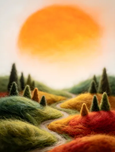 Needle Felted Landscape With Rolling Hills And Sun