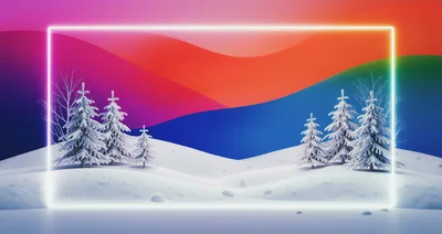 Winter Landscape With Neon Frame And Snowy Trees