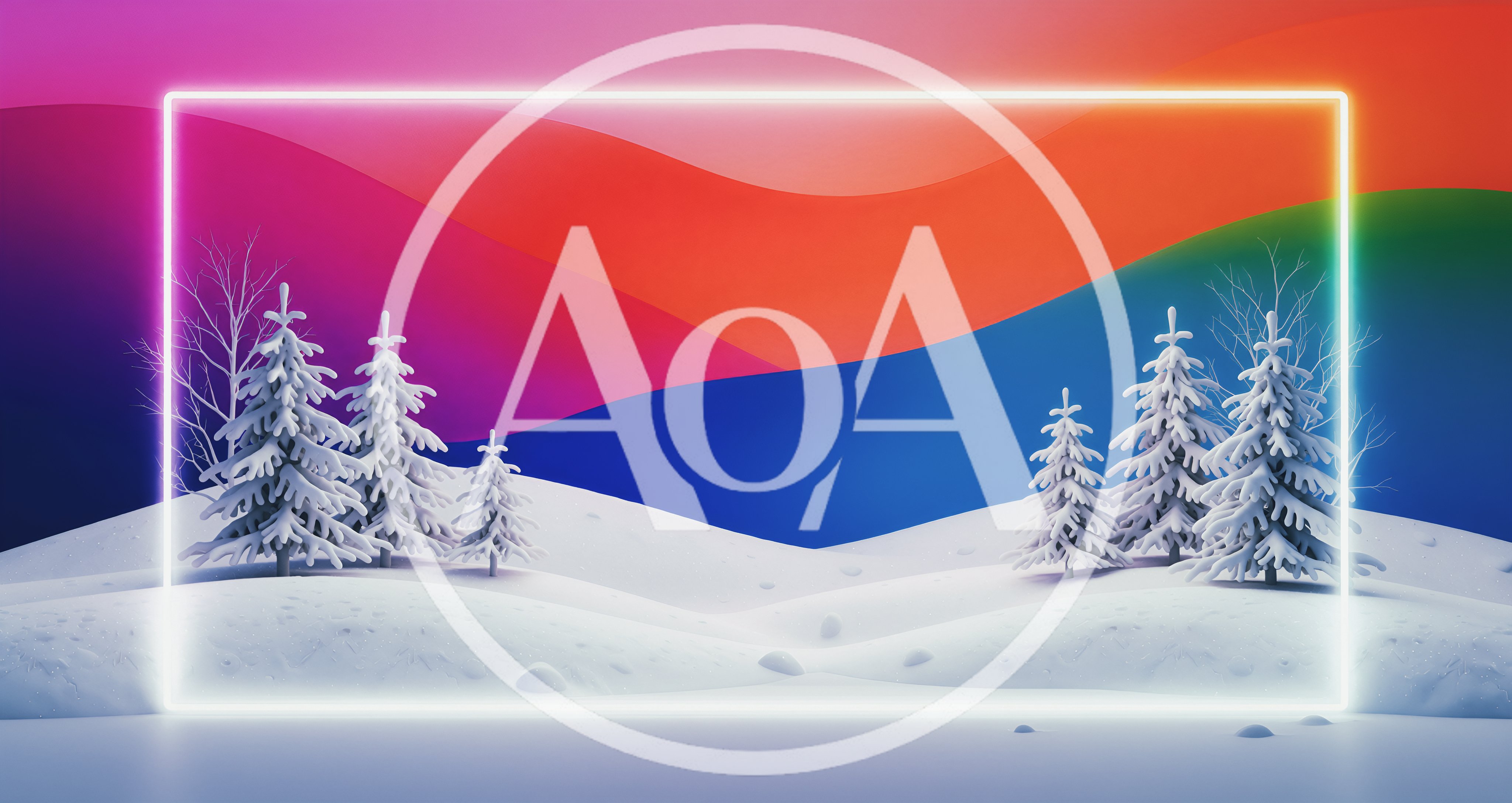 Winter Landscape With Neon Frame And Snowy Trees
