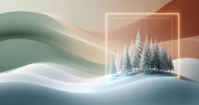 Minimalist 3D Rendered Winter Forest With Glowing Frame