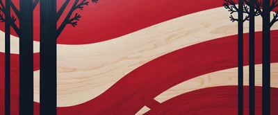 Abstract Wooden American Flag With Silhouetted Forest Trees