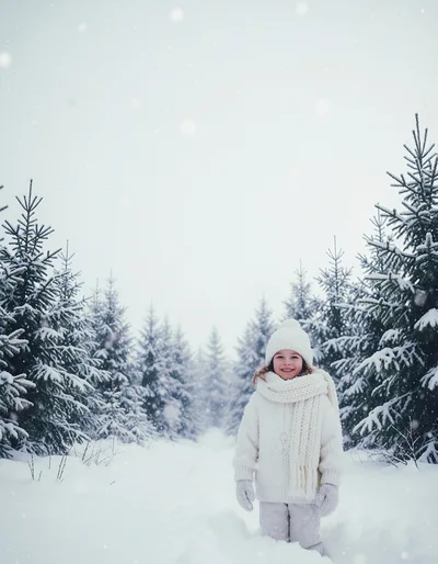 Happy Little Girl Standing In Snowy Pine Forest
