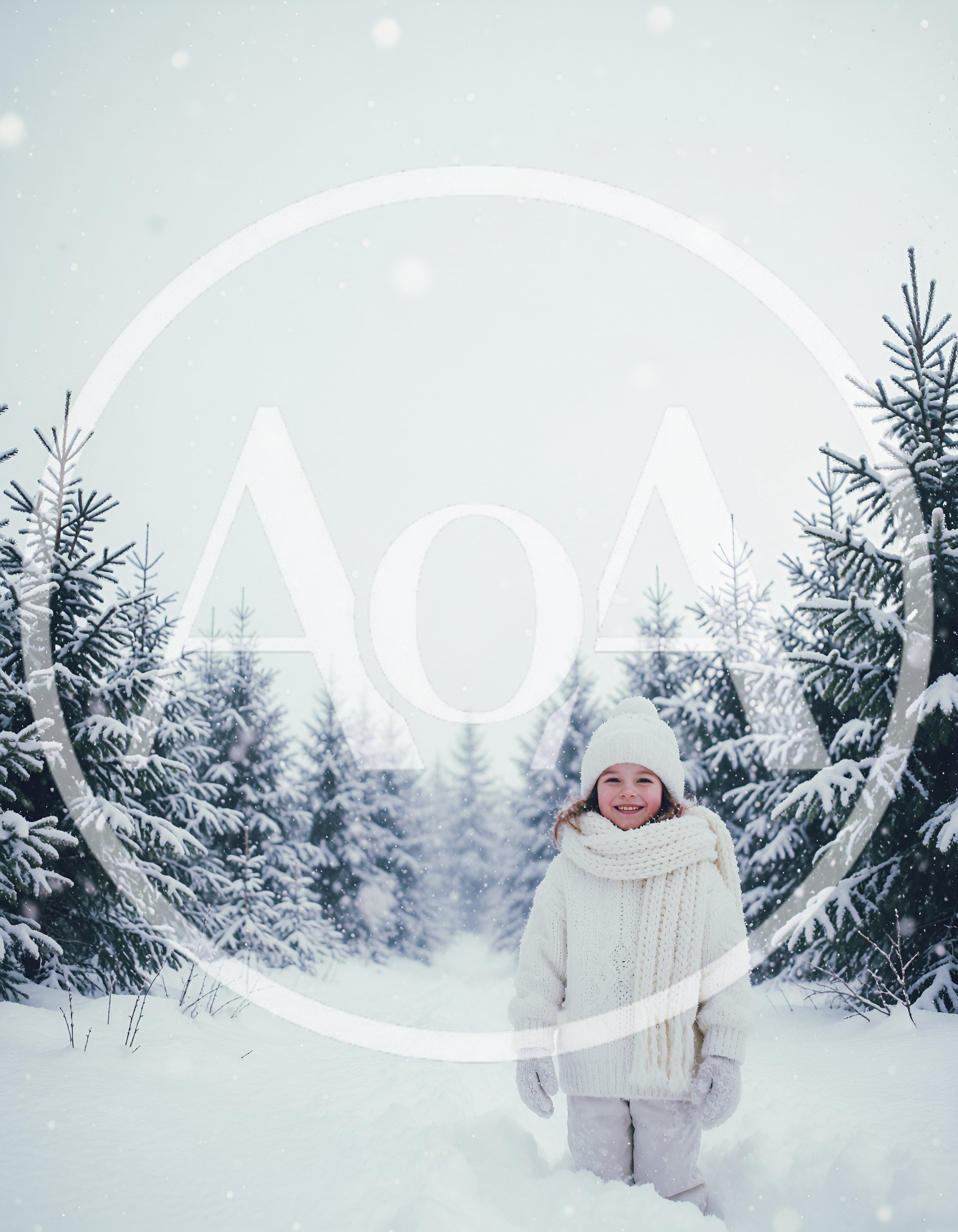 Happy Little Girl Standing In Snowy Pine Forest