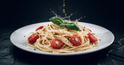 Spaghetti Pasta With Cherry Tomatoes And Basil Splash