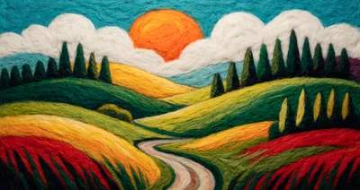 Needle Felted Landscape With Rolling Hills And Sun
