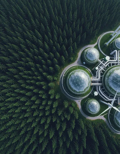 Aerial View Of Futuristic Bio-Dome Facility In Forest