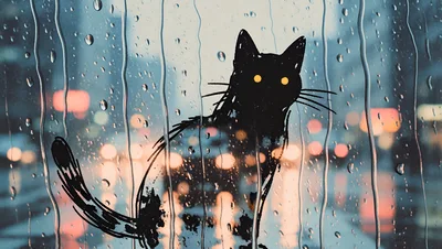 Black Cat Silhouette Drawn On Rainy Window
