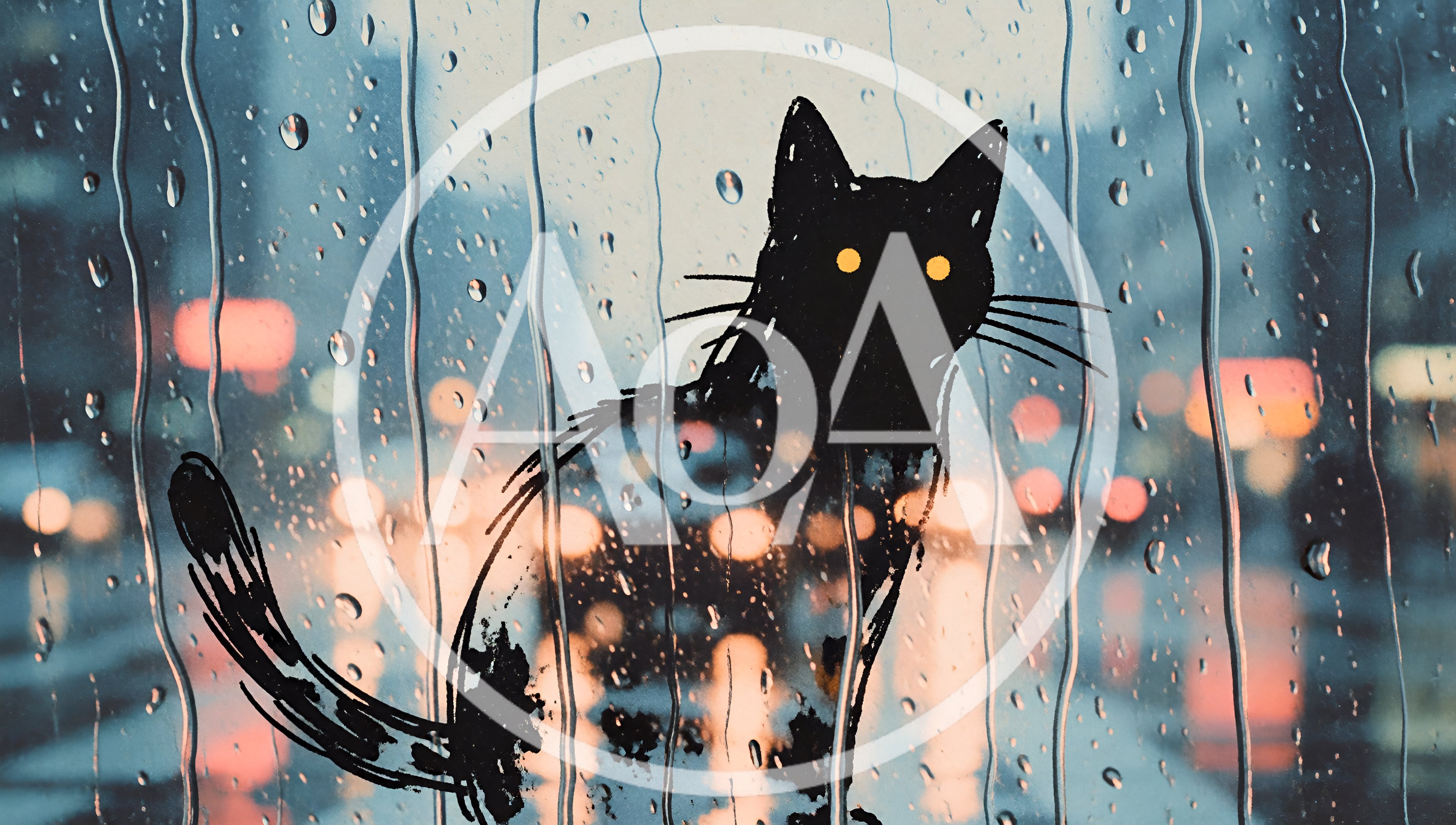 Black Cat Silhouette Drawn On Rainy Window