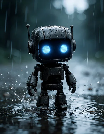 Small Metallic Robot Standing In A Rain Puddle