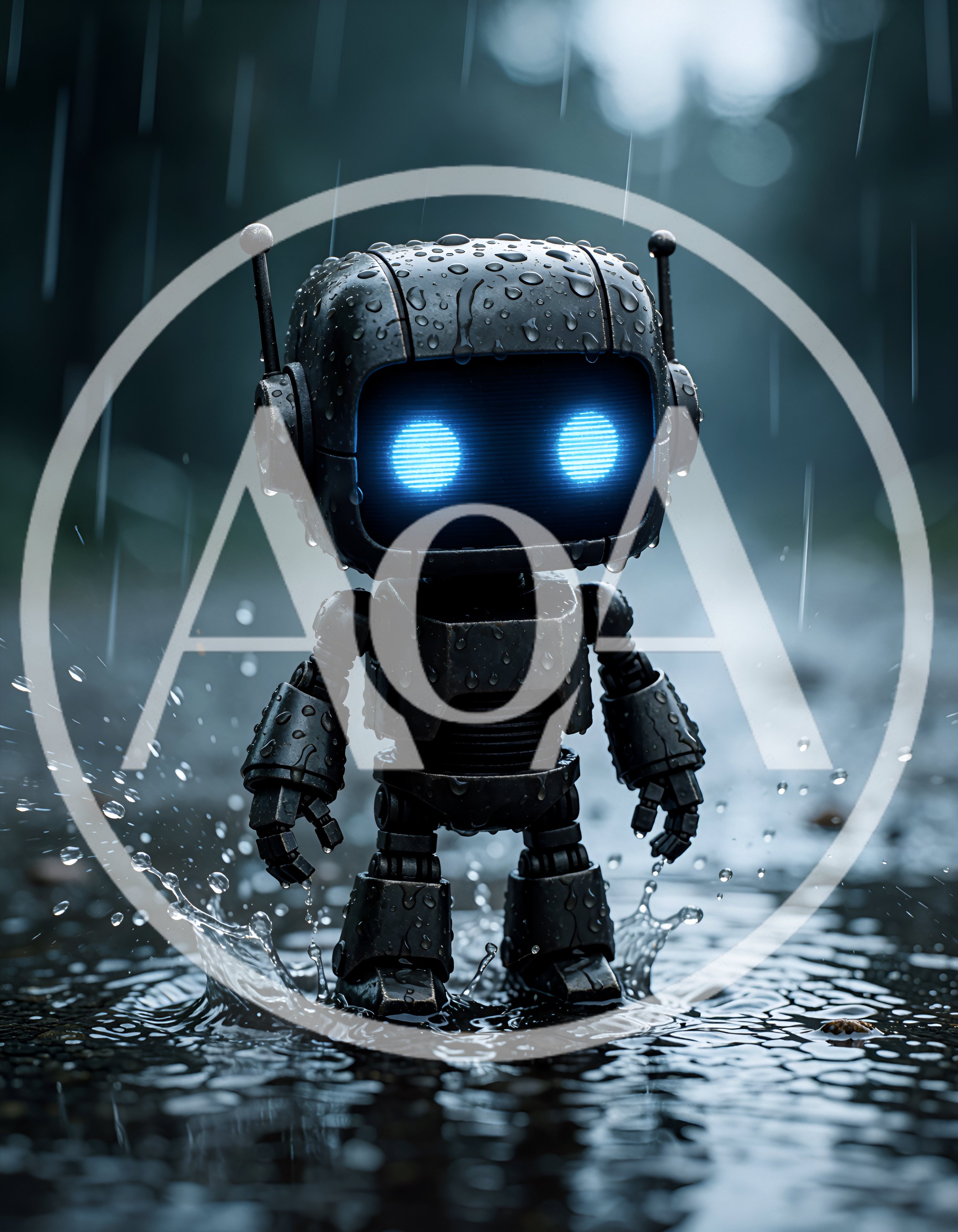 Small Metallic Robot Standing In A Rain Puddle