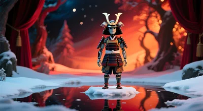 Robotic Samurai Standing On A Snowy Ice Floe