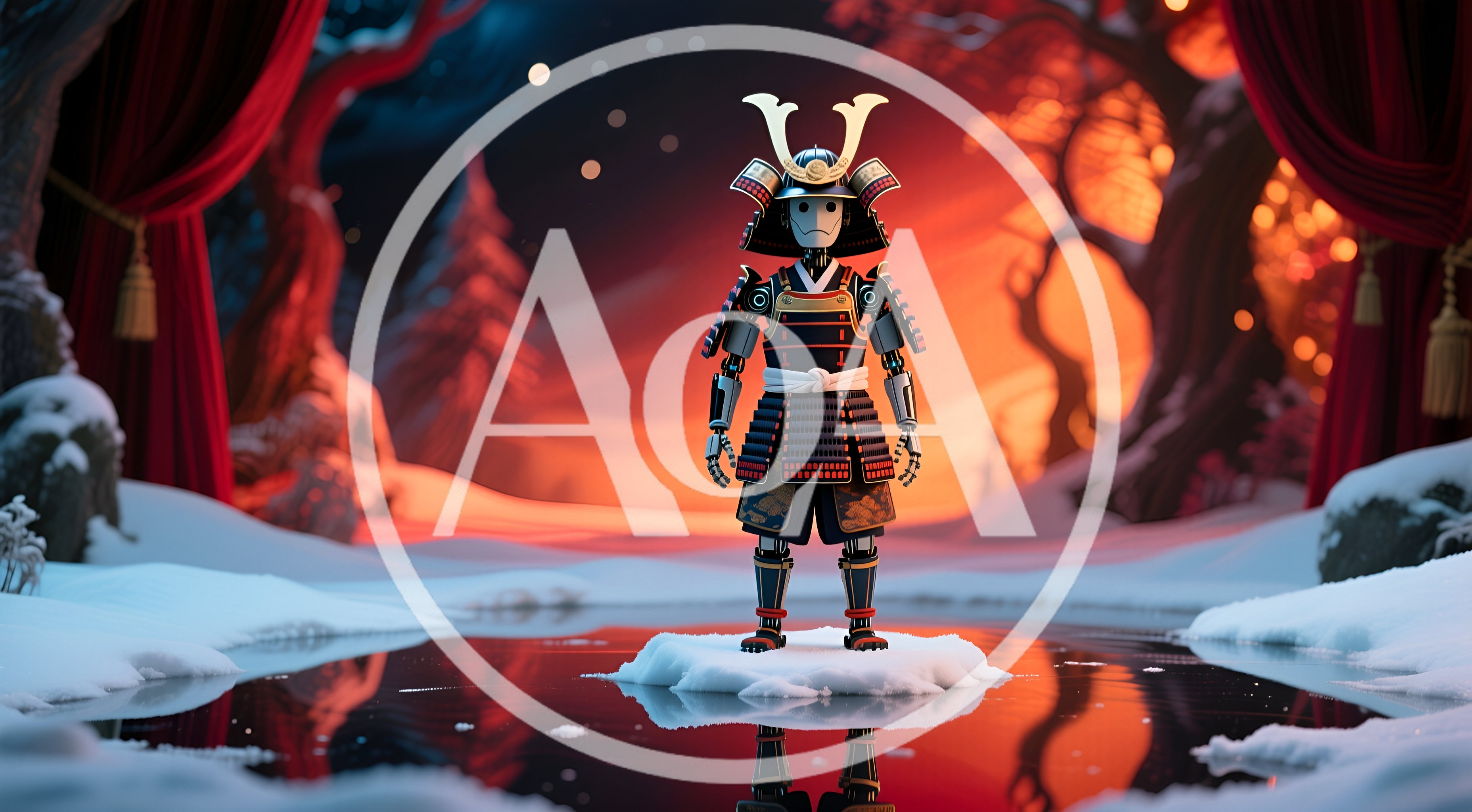 Robotic Samurai Standing On A Snowy Ice Floe