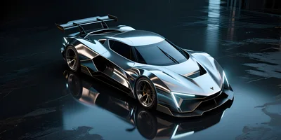 Futuristic Silver Supercar Concept on Reflective Surface