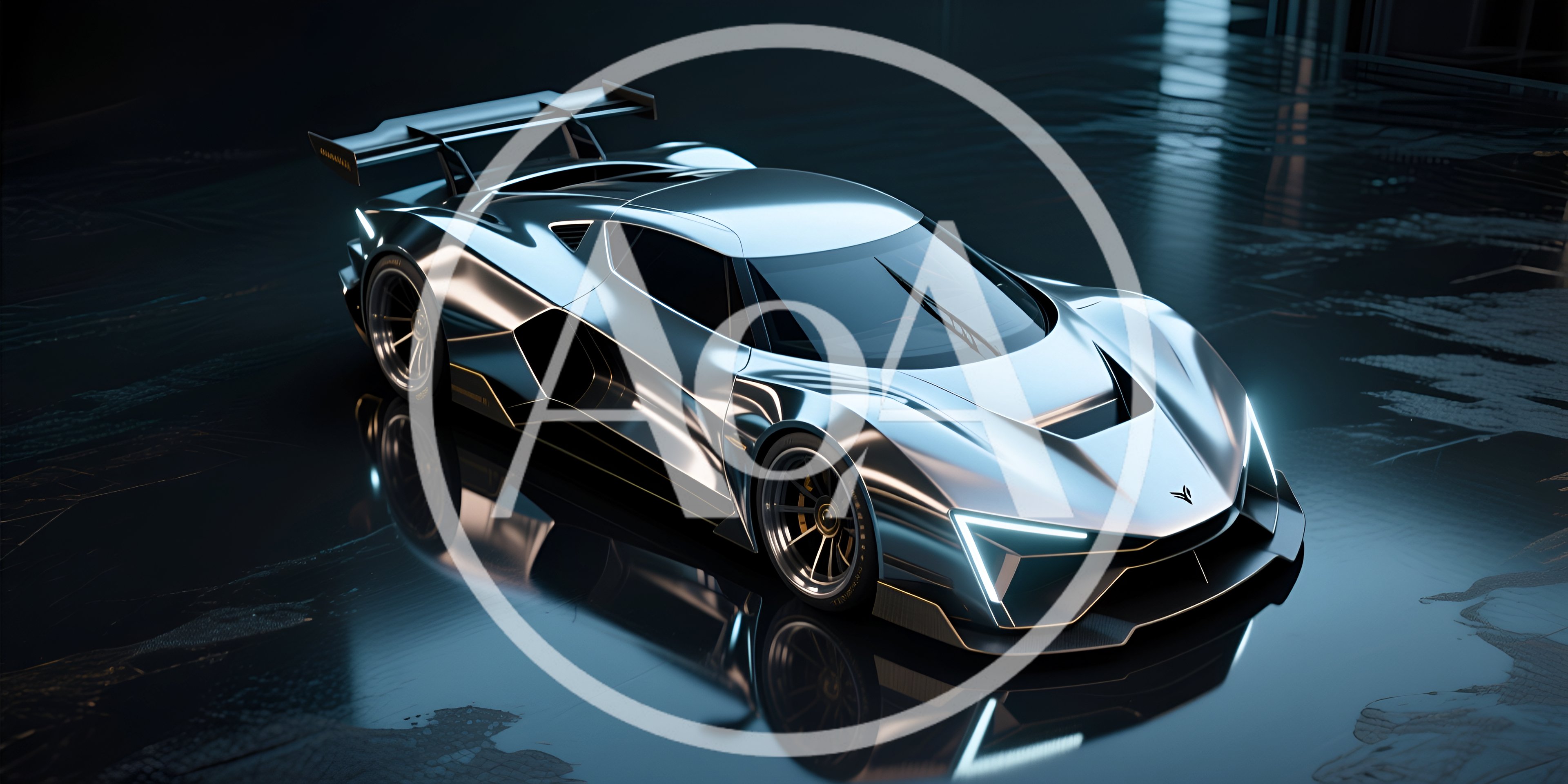 Futuristic Silver Supercar Concept on Reflective Surface