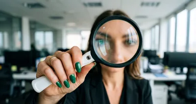 Businesswoman Holding Magnifying Glass Over Her Face