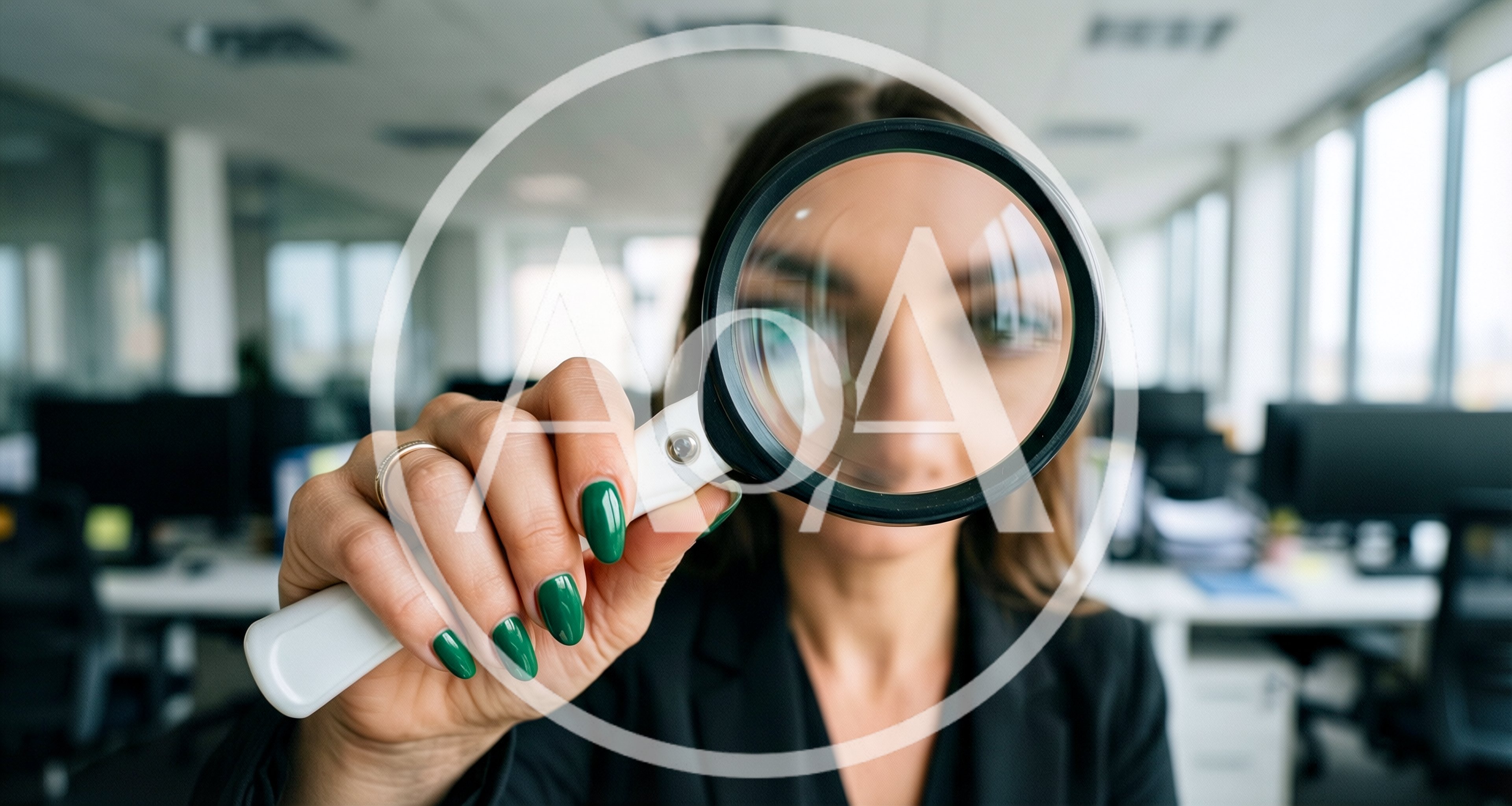 Businesswoman Holding Magnifying Glass Over Her Face