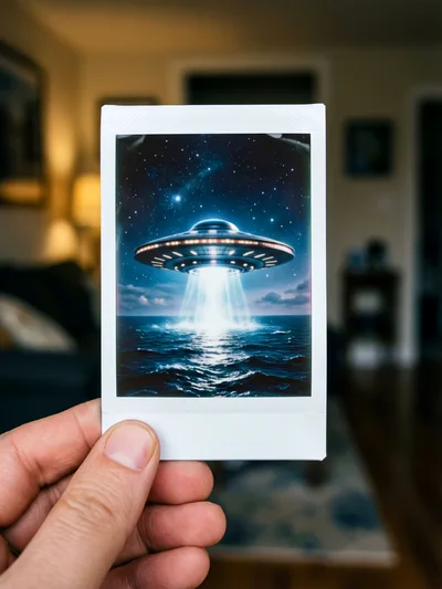 Hand Holding Polaroid Photo Of UFO Over Ocean