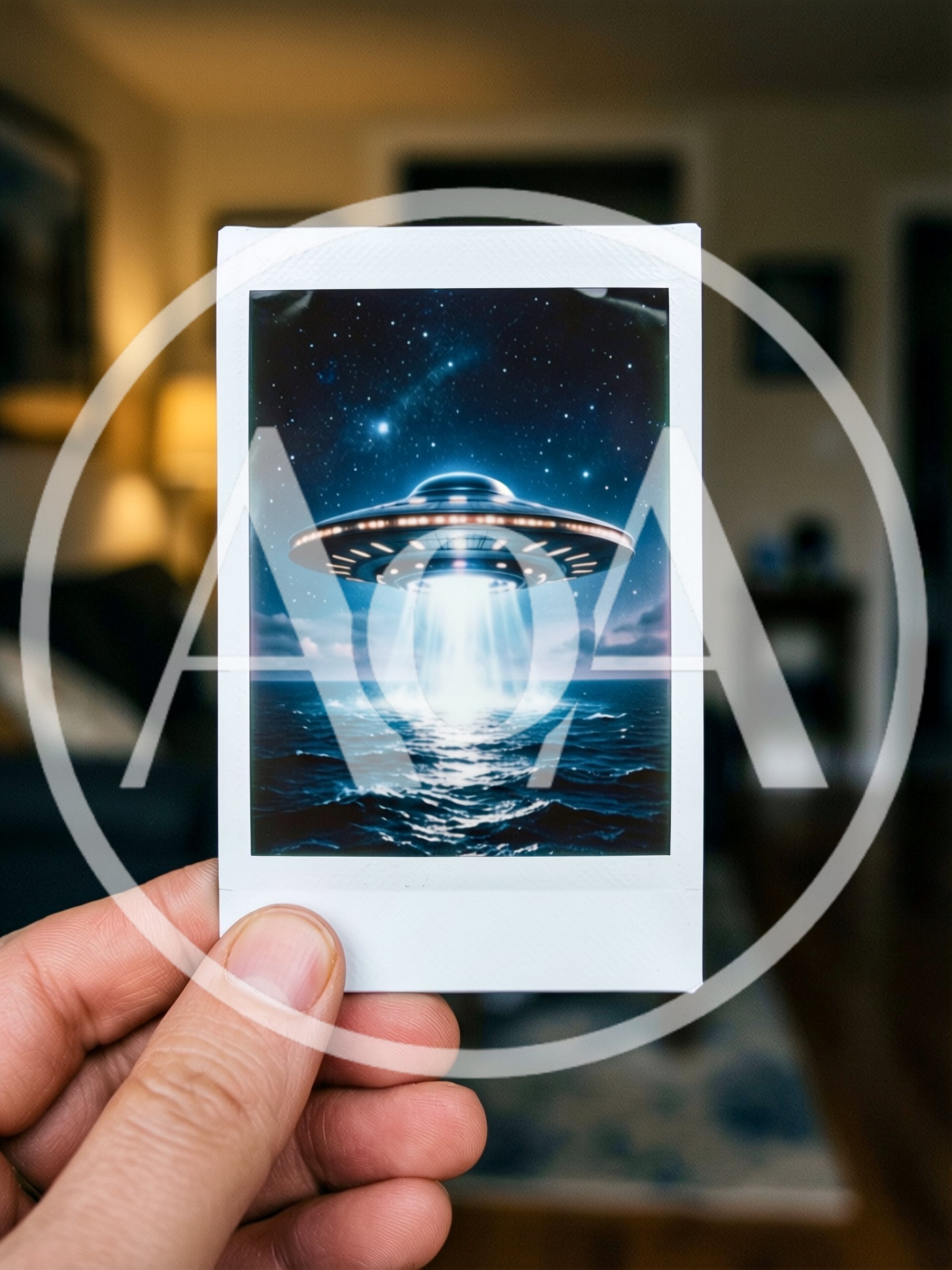 Hand Holding Polaroid Photo Of UFO Over Ocean