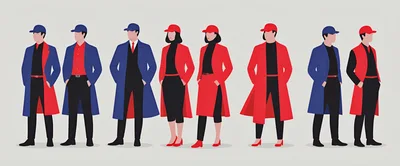 Group Of Stylized People In Red And Blue Outfits