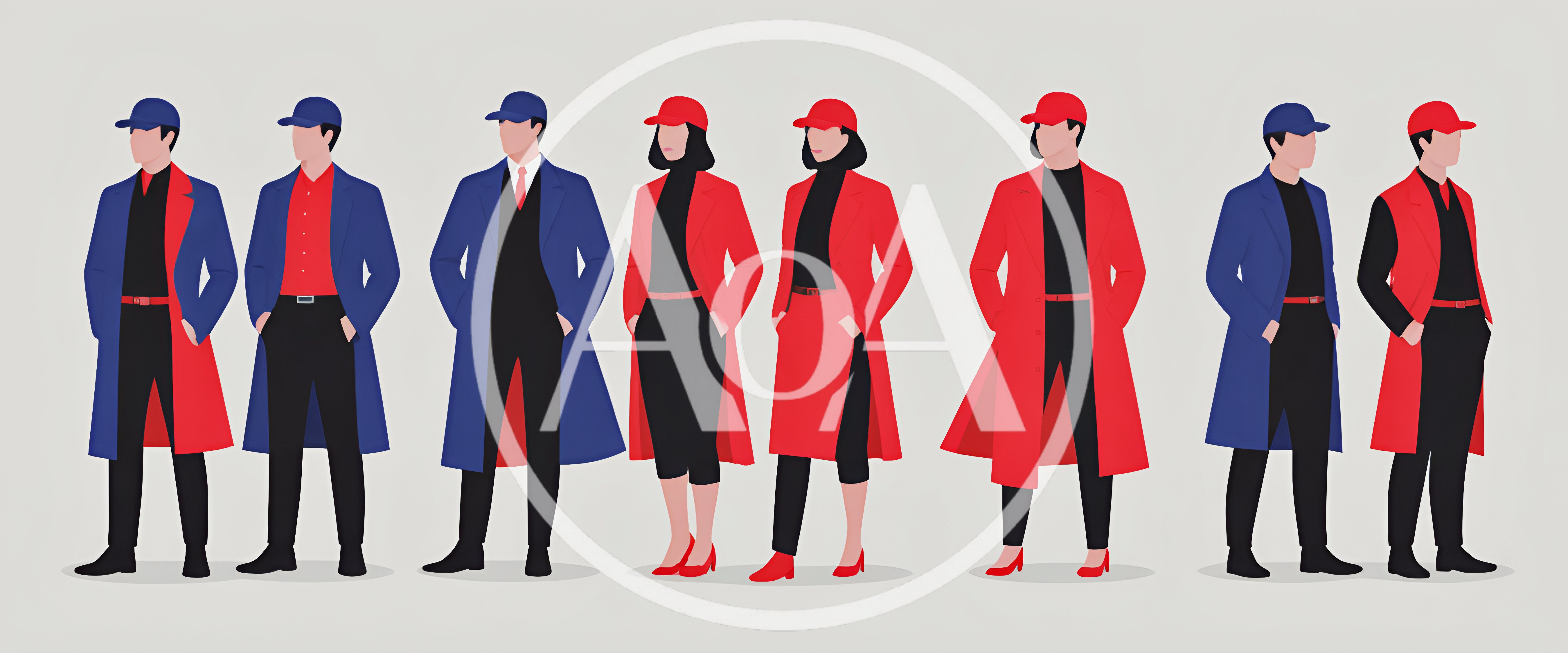 Group Of Stylized People In Red And Blue Outfits