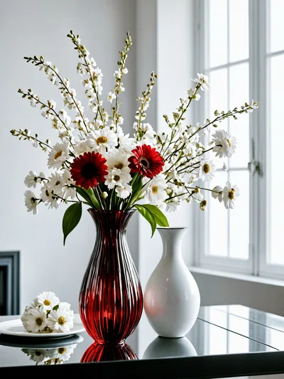 Floral Arrangement In Red And White Vases