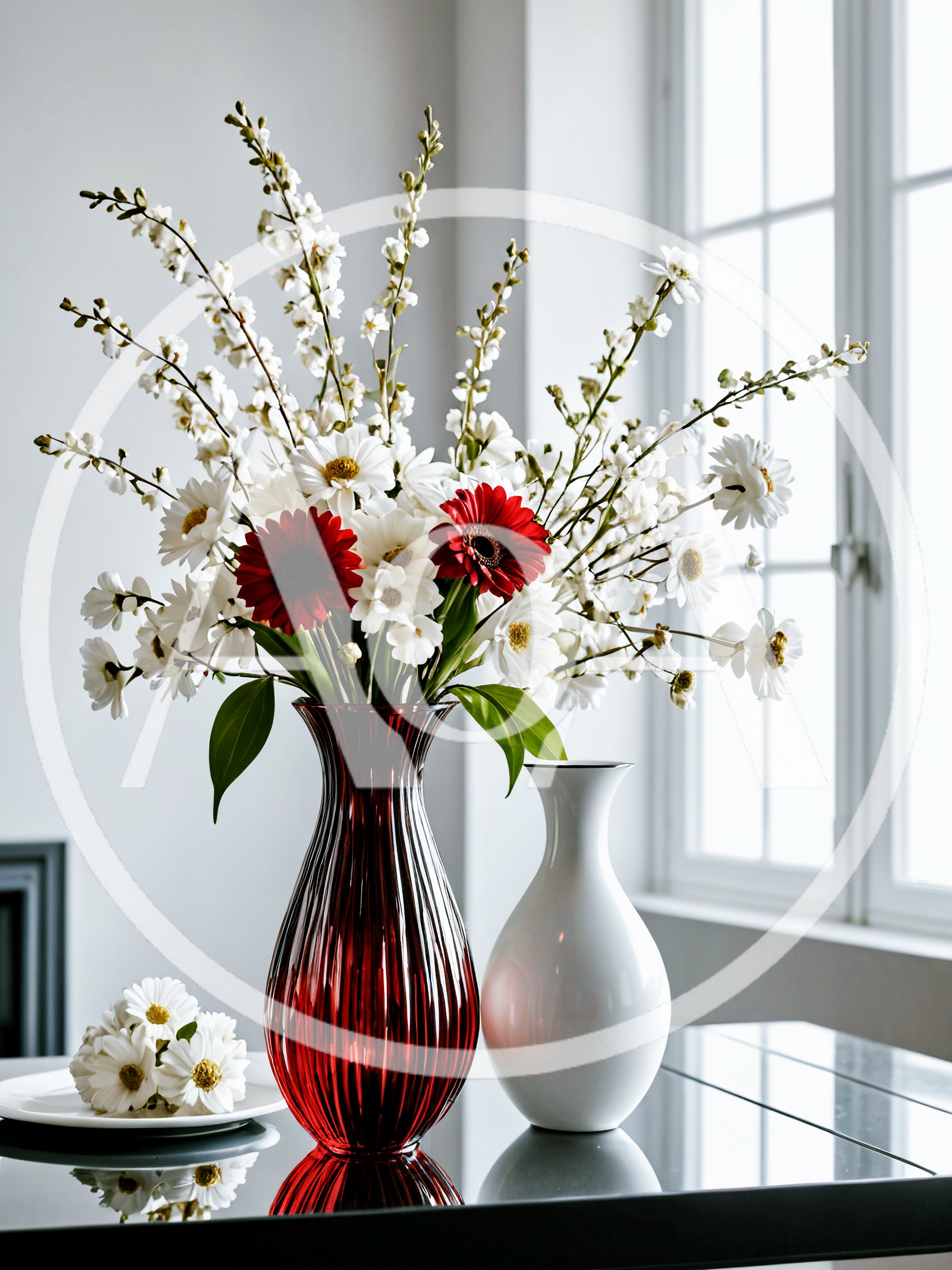 Floral Arrangement In Red And White Vases
