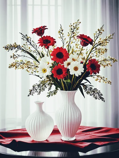Elegant Floral Arrangement In White Vases On Red Cloth