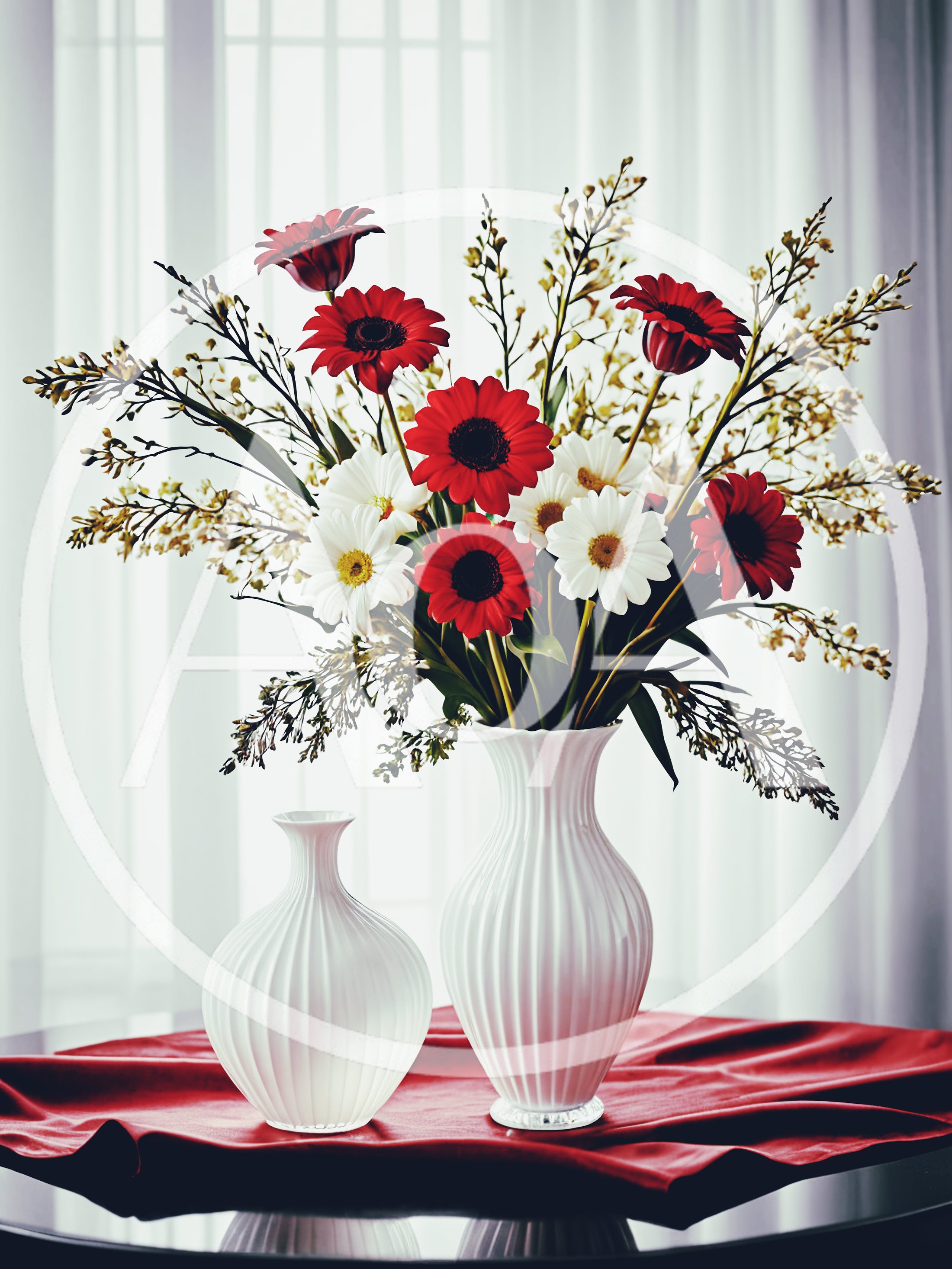 Elegant Floral Arrangement In White Vases On Red Cloth