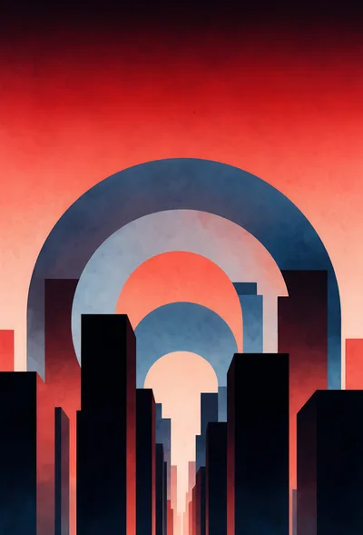 Abstract Cityscape With Concentric Circles And Sunset Gradient