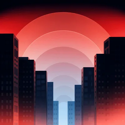Minimalist Cityscape Silhouette Against A Red Gradient Sunset