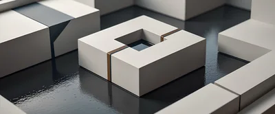 Abstract Geometric White Blocks On Reflective Dark Surface
