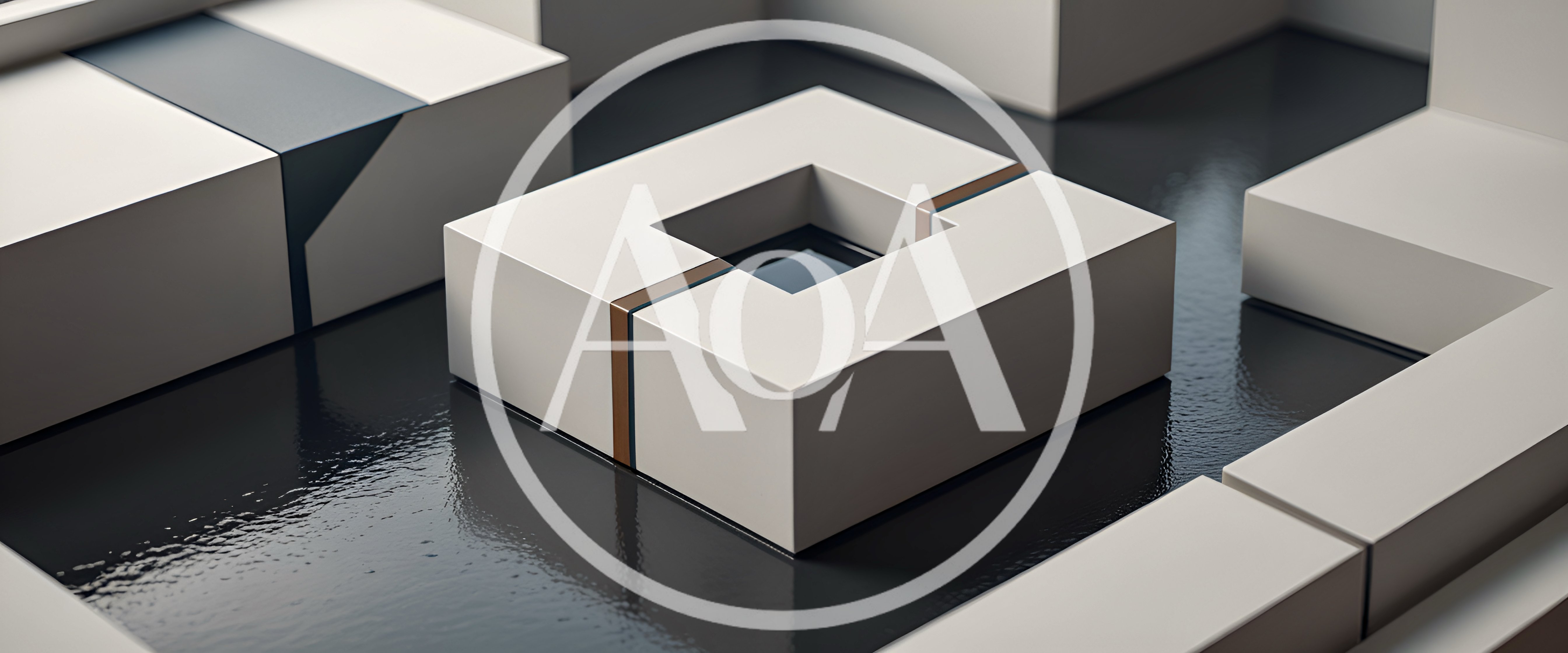 Abstract Geometric White Blocks On Reflective Dark Surface