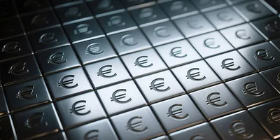 Grid Of Metallic Silver Euro Currency Symbols