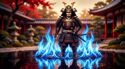 Samurai Warrior Standing Amidst Magical Blue Flames