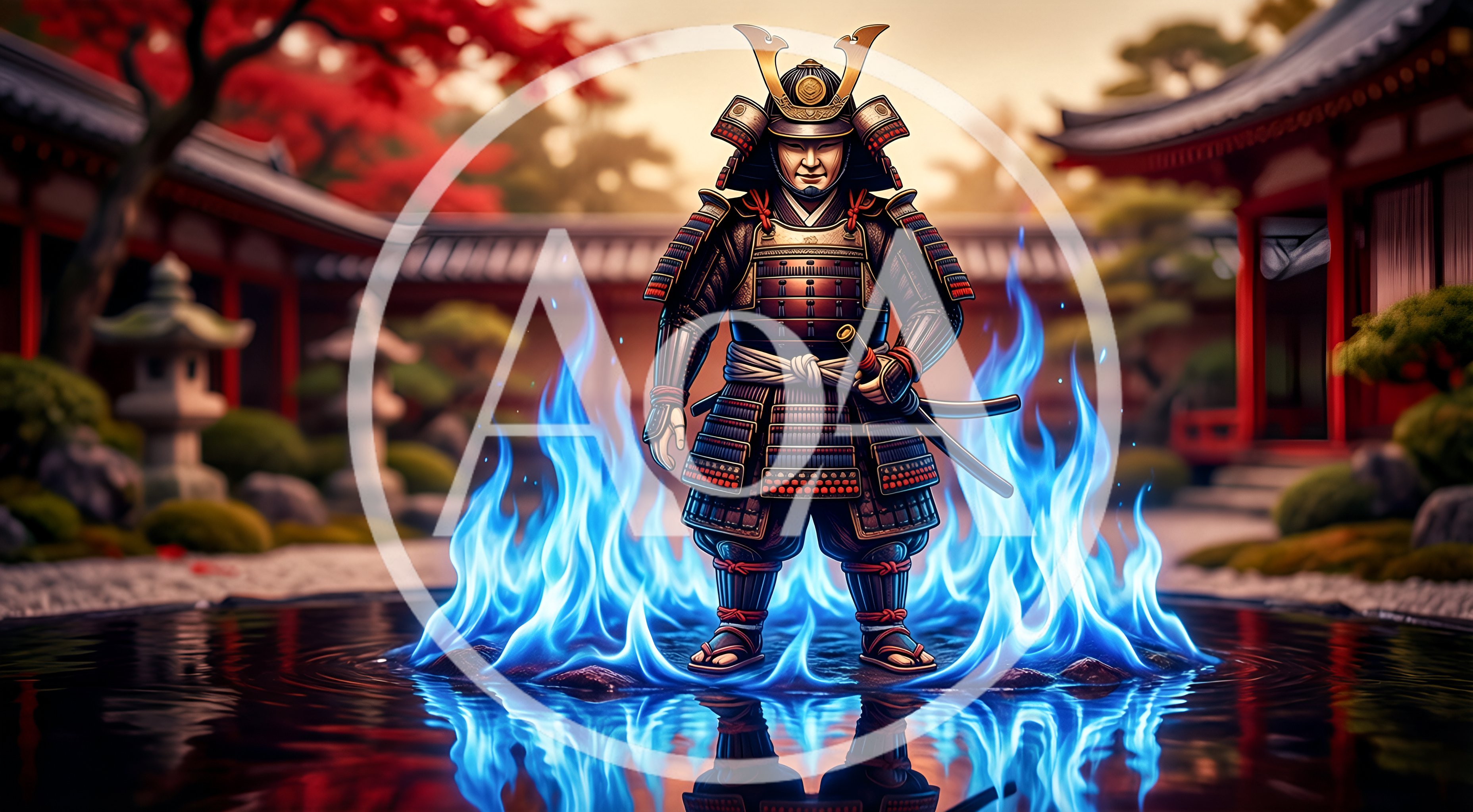 Samurai Warrior Standing Amidst Magical Blue Flames