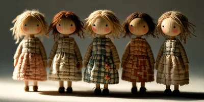 Five Handmade Wooden Dolls With Fabric Dresses