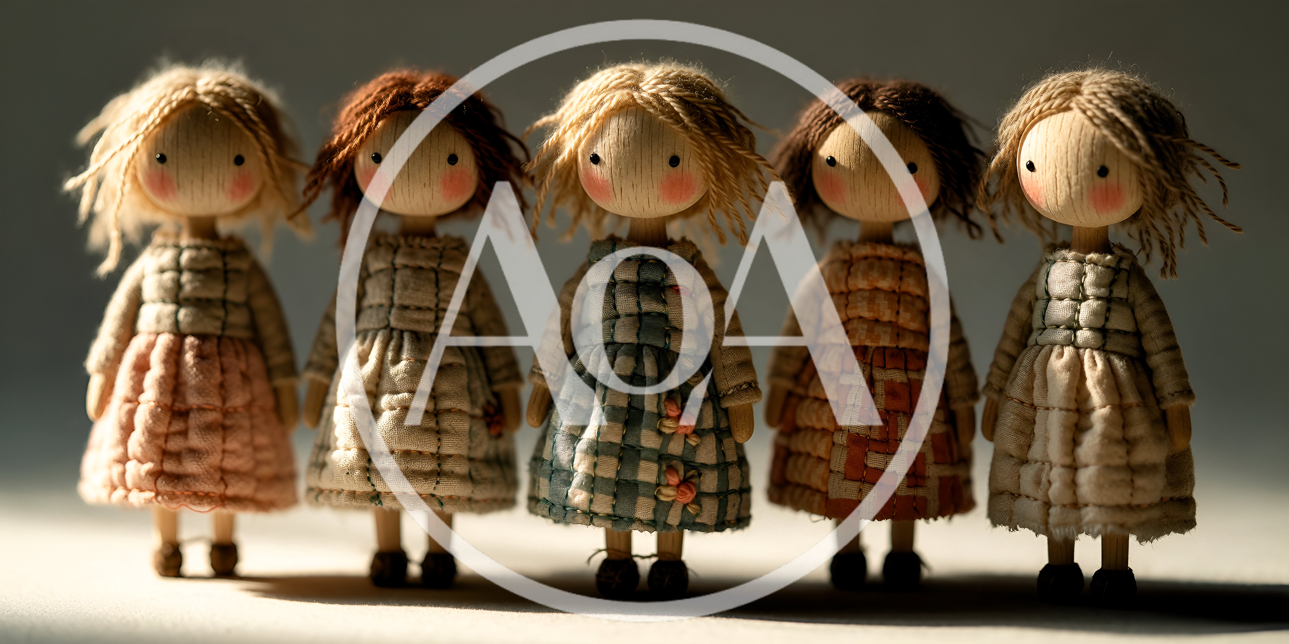 Five Handmade Wooden Dolls With Fabric Dresses