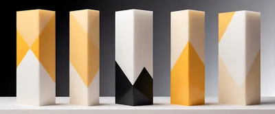 Five Modern Geometric Sculptures On A White Surface